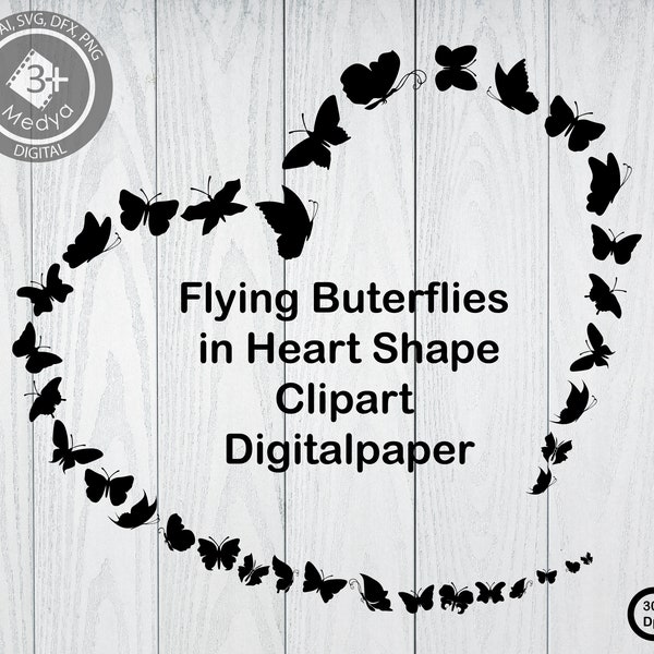 Flying Butterfilies in heart shape Clipart. Silhouette Buterflies digitalpaper. Scrapbook Cut files. Instant download. High resulation.