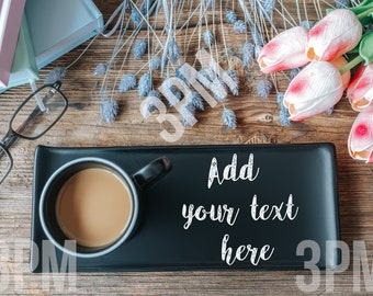Black Coffee Cup with tray on wooden table, Mock-up, Template, Textured Photography. Social Media, Styled Photo, Stock Photo digital paper