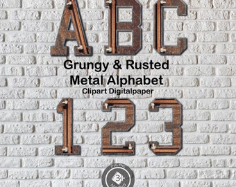 May include: Rusty metal letters in a bold font, spelling out "ABC" and "123". The letters are on a white brick background. The text "Grungy & Rusted Metal Alphabet Clipart Digitalpaper" is below the letters.