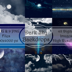 Pode incluir: Uma colagem de 48 imagens digitais de céus escuros com estrelas, nuvens, luas e galáxias. As imagens são de alta resolução e medem 6000x4000 pixels. O texto "Dark Sky Backdrops" está no centro da imagem.