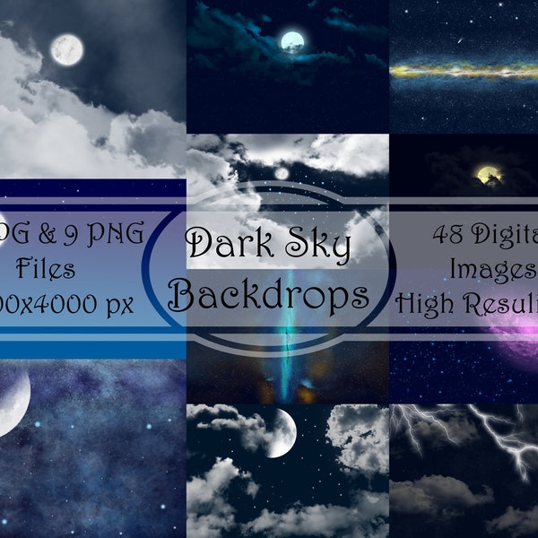 Dark Sky Backdrops. Night cloudy Sky, mystic Space and romantic moon overlays. high resolution. Easy use, drag and drop files.