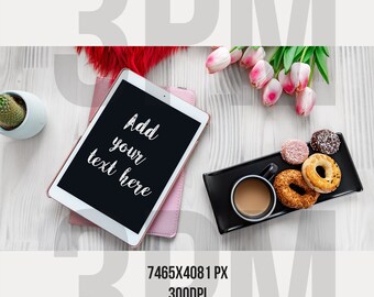 Tablet and Black Cup, Styled Photo, Mock-up, Template, Textured Photography / Social Media / Digital Image / Photo Background / Stock Photo