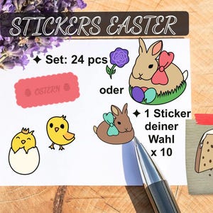 Ostern Aufkleber Set - 24 Stück / 10 x 1 - süße Osterhasen, Kaninchen, Küken - mit Glanzschutzfolie - einfach abkleben & als Deko aufkleben