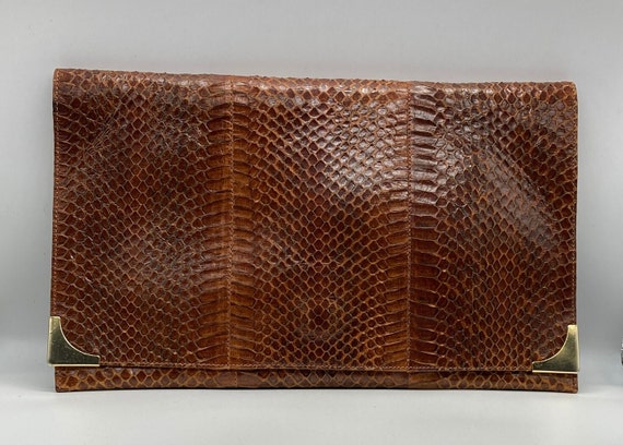 Vintage 1940s Brown Snakeskin Clutch Bag With Lig… - image 1