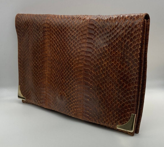 Vintage 1940s Brown Snakeskin Clutch Bag With Lig… - image 9