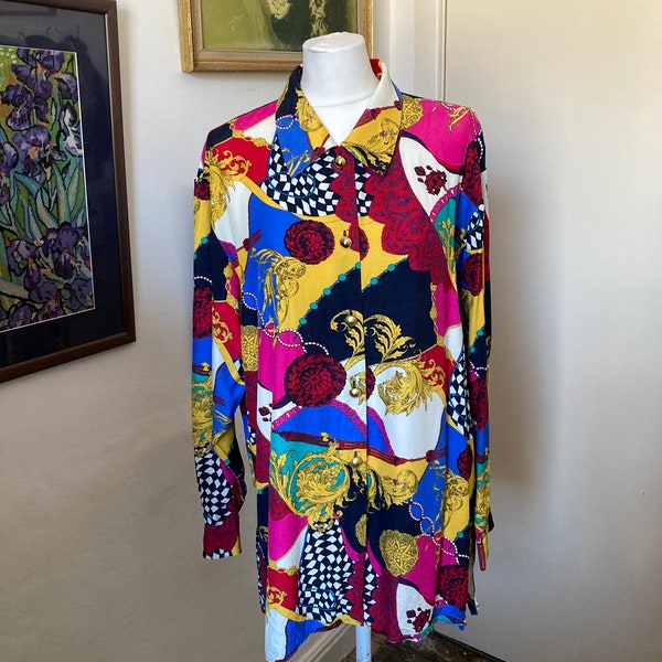 Vintage 1980s M&S St Michael's Versace Style Patterned Oversized Blouse Vintage Size 18 Marks and Spencer