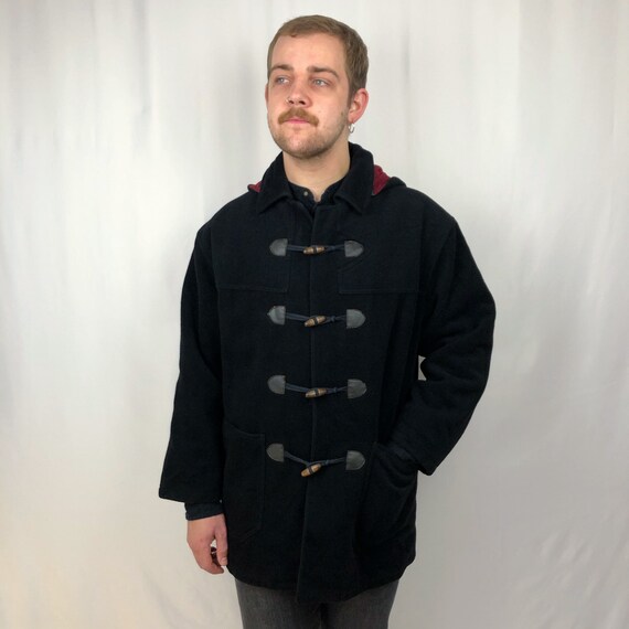 1960s Black Duffle Coat. UK Medium