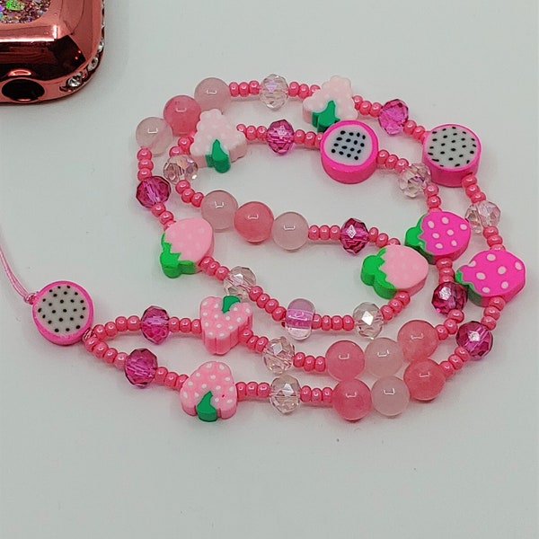 Bijou de téléphone kawaii rose en perles, fait main et unique, Idée cadeau, Anniversaire