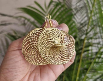 Gold Brass Wire Wrapped Dangle Earrings: Geometric Jewelry