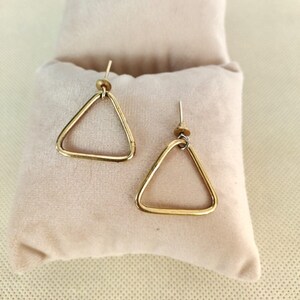 Small Brass Triangle Hoop Earrings: Geometric Gold Hoops