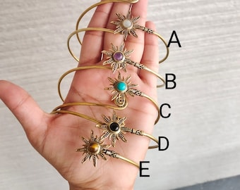 Gold Sunburst Arm Cuff: Brass Boho Gemstone Upper Arm Bracelet