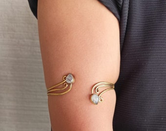 Brass Moonstone Arm Cuff: Handmade Golden Armlet