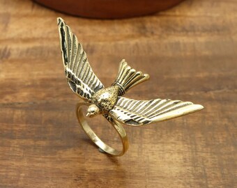 Handmade Brass Swallow Ring, Flying Bird Stacking Ring, Minimalist Boho Jewelry