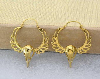 Gold Bird Skull Hoop Earrings: Gothic Raven Brass Charms
