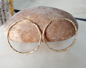 Handmade Brass Gold Hoop Earrings: Large Hammered Hoops