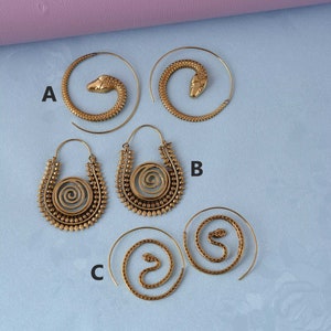 Handmade Brass Spiral Hoop Earrings: Snake Design