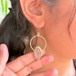 Rose Quartz Earrings, Brass Earrings, Minimalist Earrings, Gemstone Earrings, Dangling Earrings, Rose Quartz, Pink Earrings Gift