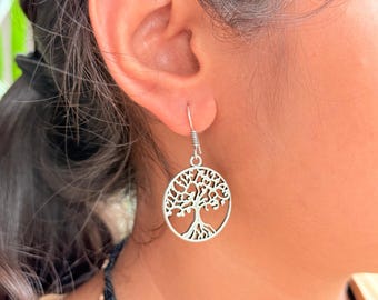 Boucles d'oreilles pendantes argent rhodié arbre de vie 2 tons Ref. 46564