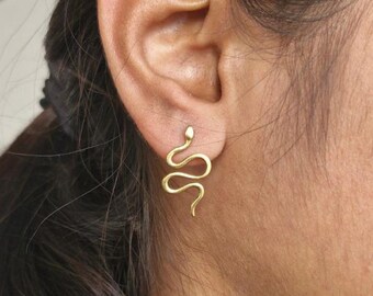 Tiny Gold Serpent Stud Earrings: Minimalist Brass Snake Studs