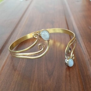 Gold Moonstone Upper Arm Cuff Arm Band Spiral Handmade Made of Brass, Jewelry