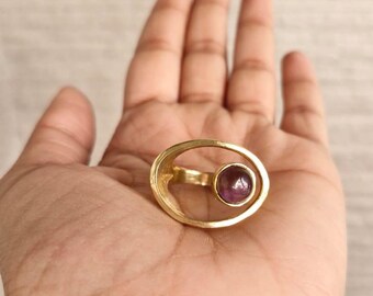 Handmade Brass Amethyst Ring, Boho Statement Jewelry, Purple Quartz Gift
