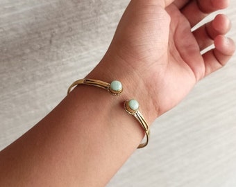 Gold Brass Larimar Cuff Bracelet: Natural Dominican Stone
