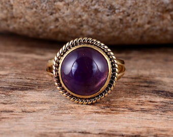 Natural Amethyst Brass Ring: Boho Hippie Stone Ring