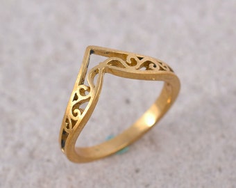 Gouden Chevron filigraan ring, V-vorm ring, koperen ring, Chevron ring, Midi ring, etnische ring, wishbone ring, cadeau voor haar, kerstcadeaus