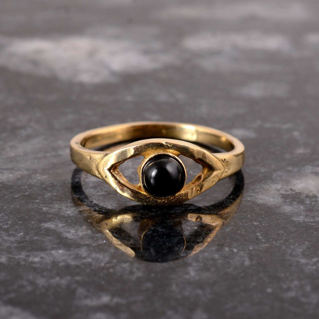 Brass Evil Eye Ring, Black Obsidian Protection Ring, Handmade - Etsy