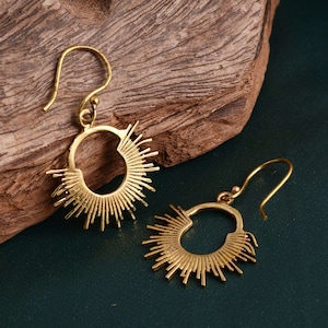 Brass Starburst Earrings: Art Deco Sun Drops, Bohemian Jewelry