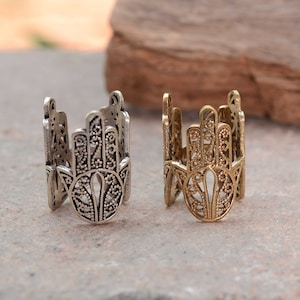 Pierścień z dłonią Fatimy, pierścień z dłonią Hamsa, pierścień Fatimy, pierścień ochronny, złoty pierścień z potrójną Hamsą, powodzenia, prezent dla mamy, biżuteria księżycowa