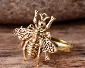 Minimalist Gold Bee Ring, Brass Ring for Women, Dainty Ring, Simple Bumble Bee Jewelry Gift, Unique Statement Ring