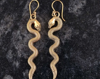Gold Snake Dangle Earrings: Handmade Brass Serpent Jewelry