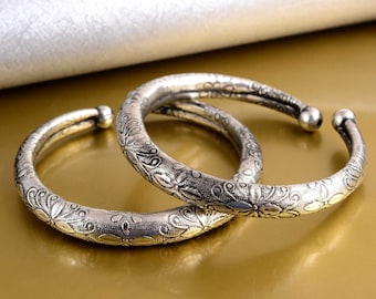 Oxidized Brass Anklet Pair: Silver Plated Rajasthani Kada Cuff