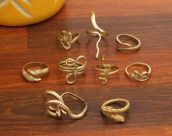 Gold Brass Snake Ring Set, Dainty Serpent Ring, Witchcraft Jewelry