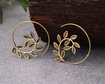 Rosemary Hoop Earrings, Gold Leaf Hoop Earrings, Twig Branch Earrings, Nature Plant Leaf Eearrings, Boho Earrings, Rosemary Hoops