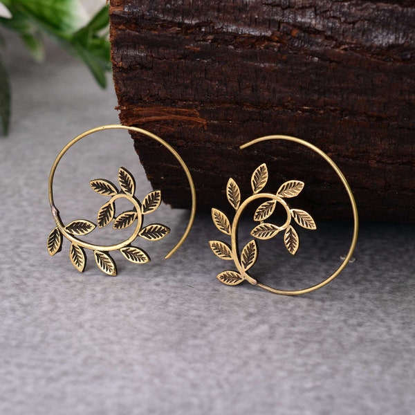 Rosemary Hoop Earrings, Gold Leaf Hoop Earrings, Twig Branch Earrings, Nature Plant Leaf Eearrings, Boho Earrings, Rosemary Hoops