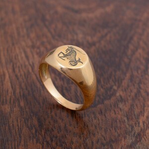May include: A gold signet ring with a Capricorn zodiac symbol engraved on the top. The ring is oval shaped and has a smooth, polished finish.