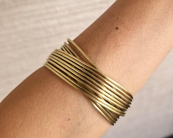 Handmade Gold Brass Bangle Bracelet: Wire Wrap Cuff