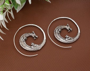 Brass Dragon Hoop Earrings: Gothic Spiral Jewelry