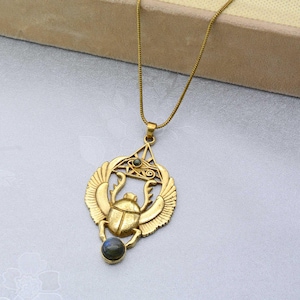 Labradorite Scarab Beetle Egyptian Necklace, Gold Insect Jewelry, Gold Scarab Pendant, Bug Jewelry, Egyptian Gift, Gift For Her