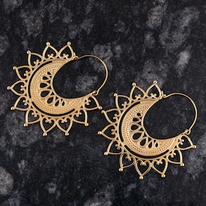 Mandala Hoop Earrings, Gold Flower earrings, Thanks giving gift, Statement Earrings, Indian big Hoop Earrings, Boho Tribal Brass Earrings