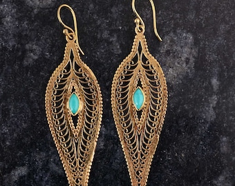 Brass Leaf Earrings: Gold Turquoise Dangle Earrings