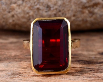 Natural Garnet Ring, Handmade Gold Brass Square Stone Jewelry