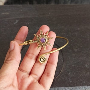 Gold Sunburst Arm Cuff: Amethyst Boho Brass Upper Armlet