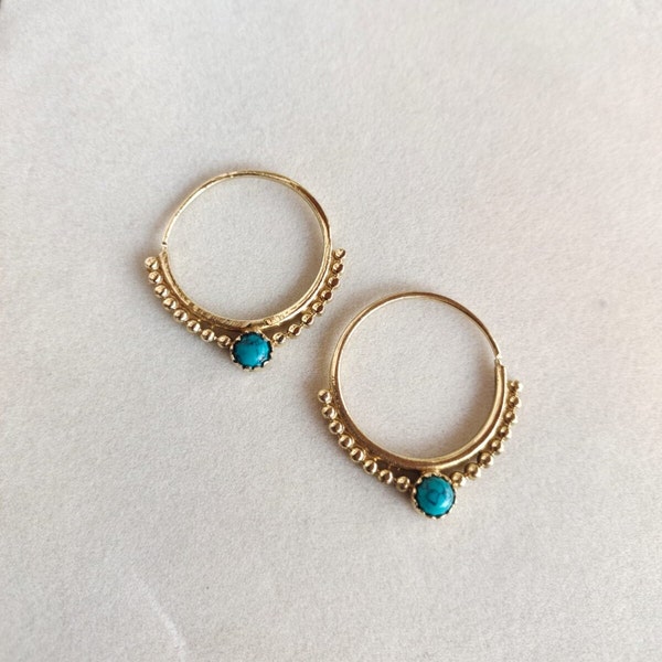 Turquoise Mandala earrings, Ethnic earrings, Tribal gold earrings, Boho jewellery, Hoop bohemian earrings, Gift for women