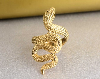 Gold Snake Ring: Textured Brass Coiled Serpent, Adjustable Boho Gothic Ring