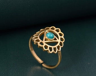 Brass Chakra Symbol Ring: Adjustable Gemstone Yoga Jewelry