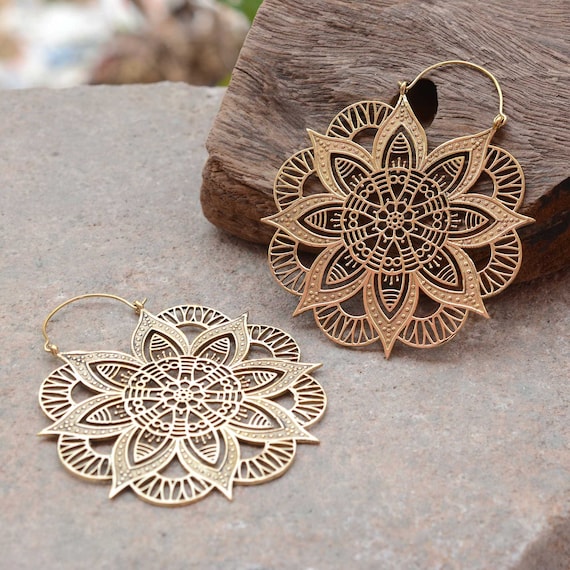Big Lotus Earrings Tribal Brass Earrings Boho Earrings Hoop