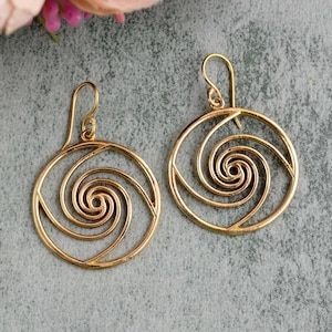 Gold spiral earrings, spiral galaxy, modern, swirl dangle, minimalist, simple, boho